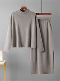 Elegant Crew Neck Knitted Sweater + Side Slit Skirt