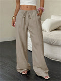 ‌Women's Summer Simple Mid-Waist Texture Loose Fit Wide Leg Pants