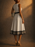 Women White Sleeveless A Line Midi Elegant Leopard Hem Dress