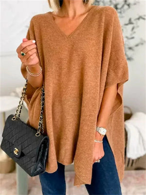 Chic V-neck Loose Knitted Poncho Sweater for Women