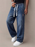 Men's High Street Stylish Washed Straight-Leg Loose Fit Drawstring Denim Pants