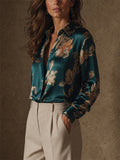 Women Floral Satin Silky Long Sleeve Button Down Blouse