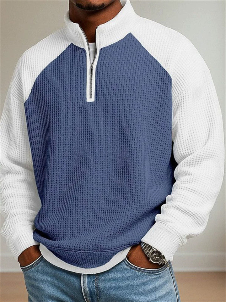 Mens Color Block Waffle Knit Quarter Zip Pullover Top