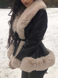 Women's Luxury Fur Collar Slim Fit Leather Coat with Belt