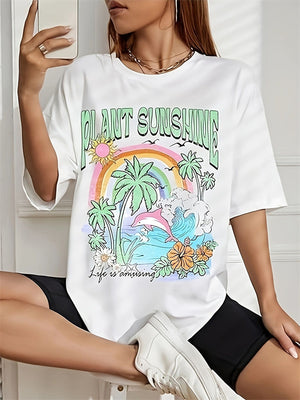 Female Beach Sunset View Coconut Tree Print T-Shirt