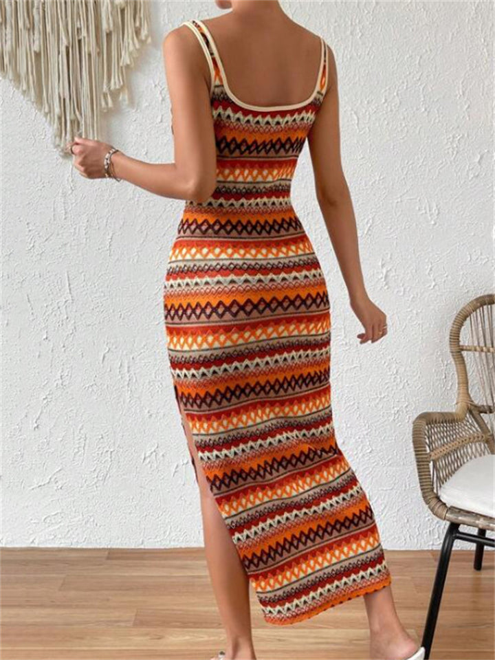Retro Multicolor Stripes Square Neck Bodycorn Dress for Women
