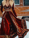 Women's Elegant Velvet Long Dress with Boho Print and Faux Fur Trim‌