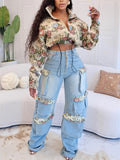 Women's 2Pcs Floral Jacquard Crop Top & Cargo Denim Pants Set