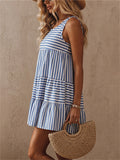 Women's Summer Boho Striped Sleeveless Tiered Mini Beach Sundress