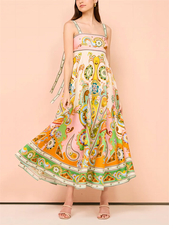 Ladies French Abstract Print Bowknot Strap A-Line Dress