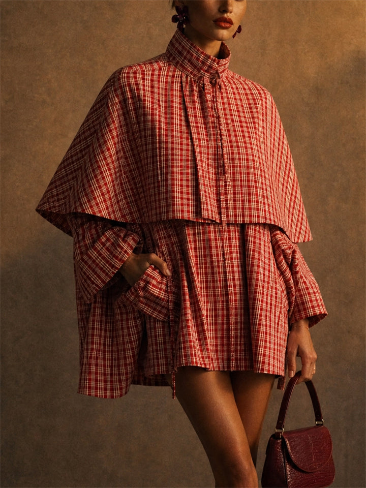 Women Red Plaid Capelet Jacket Oversized Drawstring Top