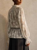 Women Elegant Floral Peplum Blouse Ruffle Lantern Sleeve Top