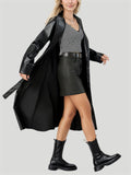 Women's Black Faux Leather Lapel Belted Trench Coat