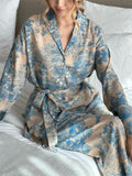 French Style Long Sleeve Print Button Tie-waist Shirt and Wide Leg Pant Set
