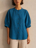 Women Linen Blend Puff Sleeve Button Down Summer Blouse