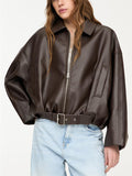 Women's Trendy Solid Color Zip Up Lapel Faux Leather Bomber Jackets