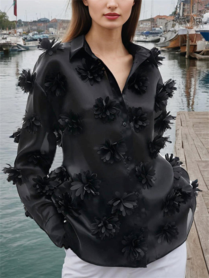 Fashion Women's Black 3D flower Lapel Long Sleeve Blouses