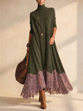 Women Faux Suede Turtleneck Lace Trim Long Sleeve Maxi Dress