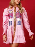 Women's Contrast Color Sequined Long Sleeve Lapel Shirt Dress
