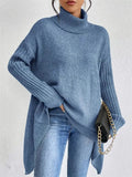 Plus Size Ladies' Blue High Neck Drop Shoulder Asymmetric Hem Sweaters