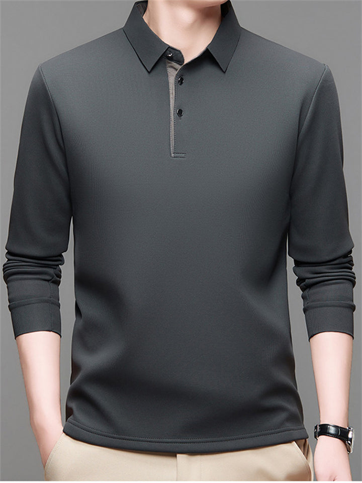 Men's Simple Fleece-lined Solid Color Long Sleeve Polo Shirts