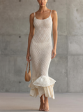 Women's White Crochet Knit Ruffle Backless Beach Mermaid Maxi Dress