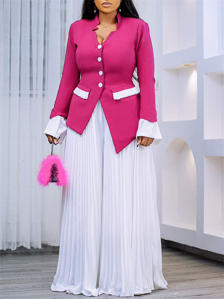 Women's Long Sleeve Flared Sleeve Blouse and Pleated Wide-leg Pants Suit