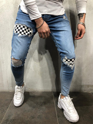 Male Casual Ripped Black White Plaid Patchwork Jeans