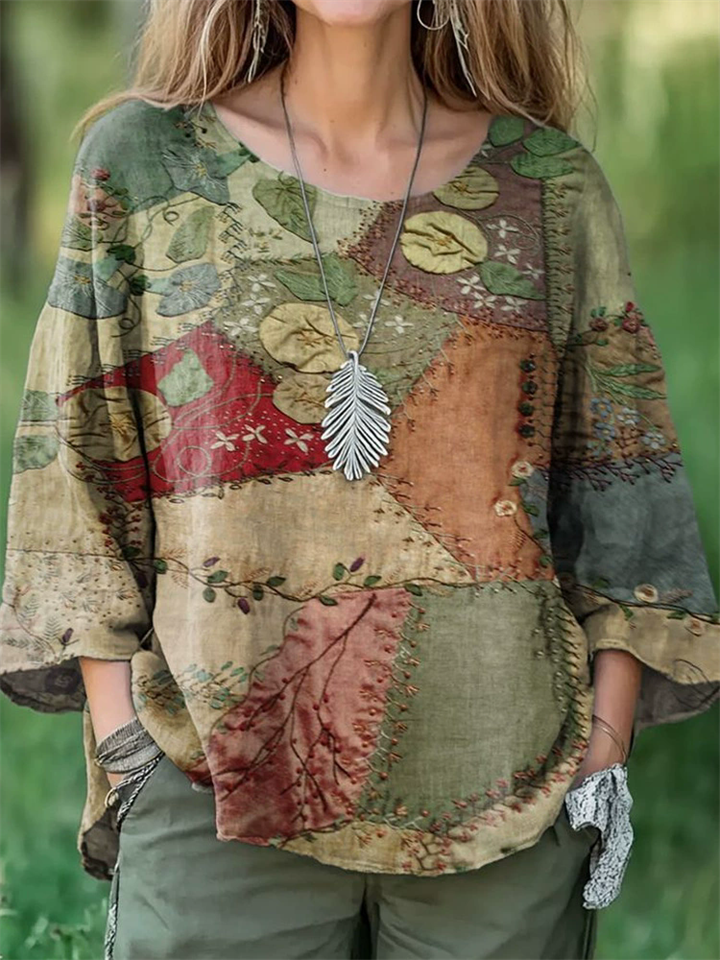 Women's Summer Casual Leaves Printed Round Neck 3/4 Sleeve Shirts