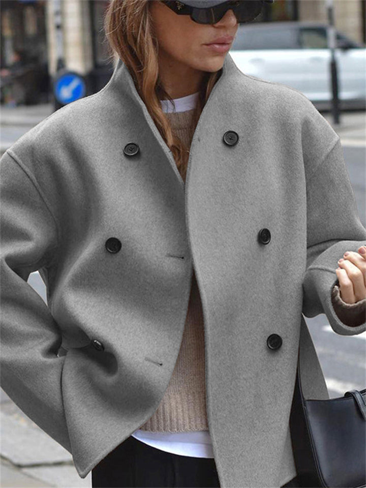 Women's Casual Solid Color Double-breasted Stand Collar Coats
