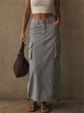 Women High Waist Elastic Ruched Jean Cargo Denim Midi Skirts