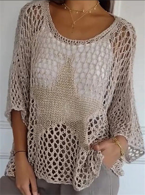 Contrast Color Round Neck 3/4 Sleeve Hollow Sweater for Women