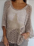 Contrast Color Round Neck 3/4 Sleeve Hollow Sweater for Women
