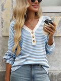 Women Striped Knit V Neck Long Sleeve Loose Fit Casual Shirts