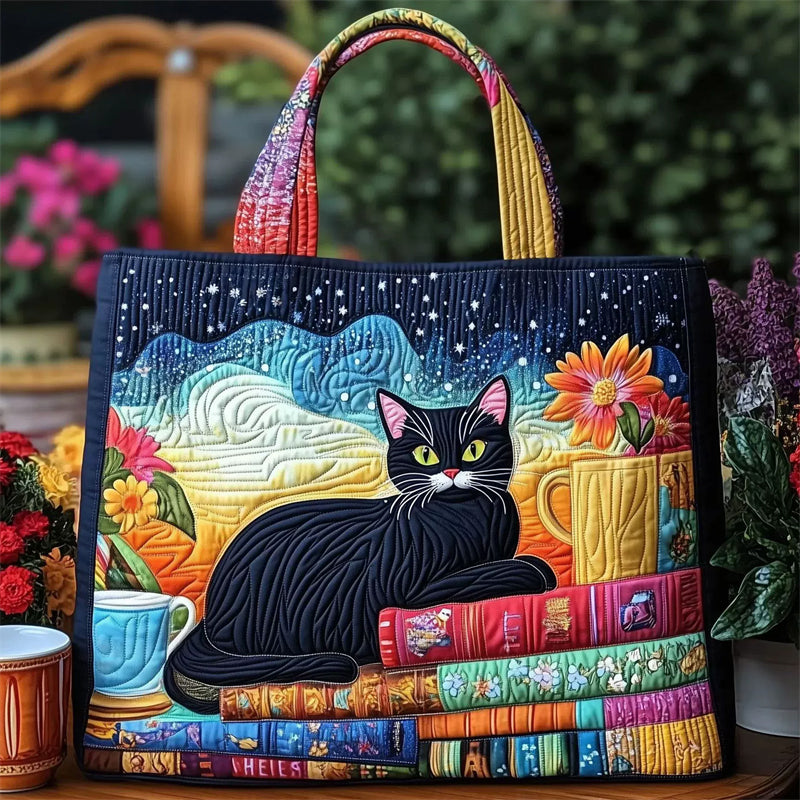 Starry Sky Black Cat Canvas Tote Bag