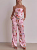 Women's 2pcs Casual Cartoon Print Tube Top & Wide Leg Pants Set