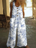 Women's Summer Casual Floral  Printed Pockets Sleeveless Jumpsuits