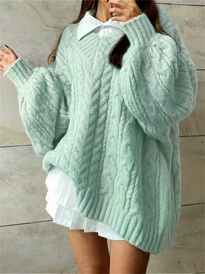 Ladies V Neck Lantern Sleeve Mid-Length Cable Knit Sweater
