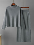 Elegant Crew Neck Knitted Sweater + Side Slit Skirt