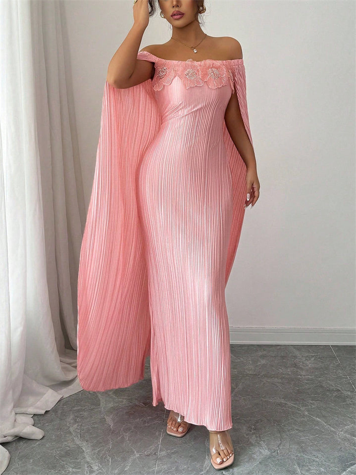 ‌Pink Off-Shoulder 3D Flowers Cape Pleated Maxi Evening Dress for Women‌