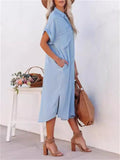 Women's Casual Mid-Length Split Short Sleeve Denim Dress