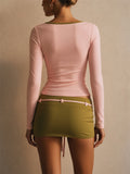 Womens Y2K 2 Piece Long Sleeve Top Bodycon Mini Skirt Outfit