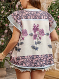 Plus Size Women's Retro Summer Floral Print V Neck Short Sleeve Shirt