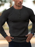Men's Long Sleeve Elastic Henley Neck Ribbed Knit Shirts