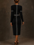 Women Classy Black Geometric Pattern Slit Slimming Knit Dress