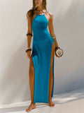 Female Sexy Split Beachwear Halter Neck Knit Cover-up Dress