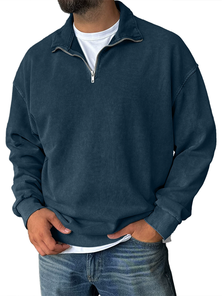 Men's Casual Solid Color Distressed Stand Collar Zipper Long Sleeve Sweatshirts