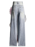 Women's 3D Flowers Wide Leg Straight Denim Pants with Fringe