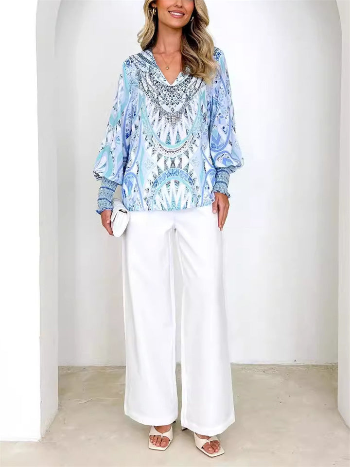 Women's Printed Pullover V-neck Lantern Sleeve Blouse