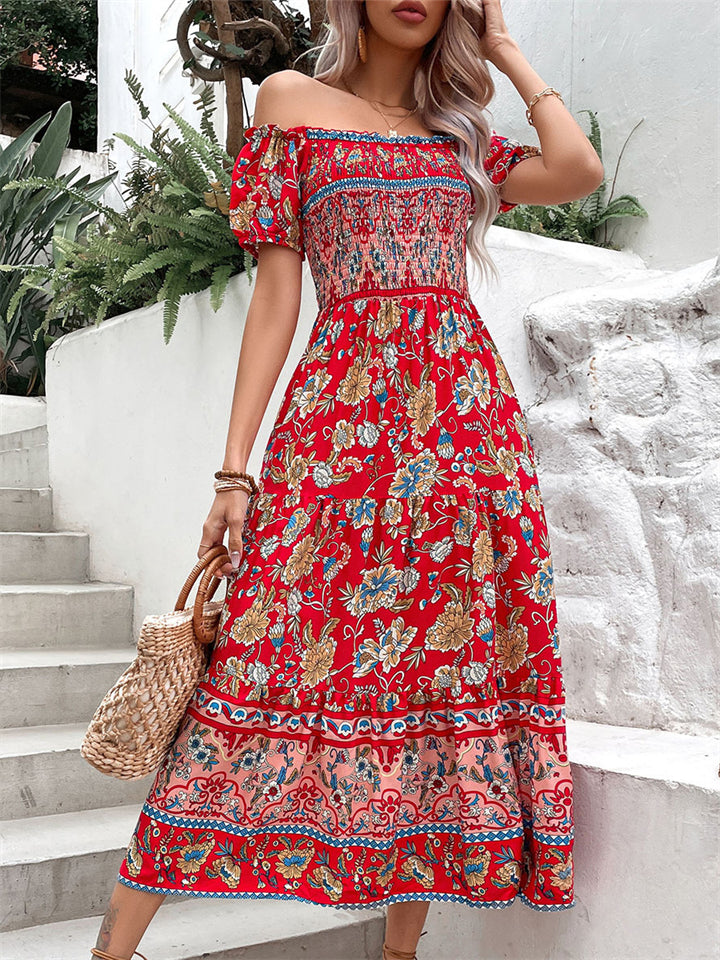 Women's Boho Style Print Off The Shoulder Maxi Dress